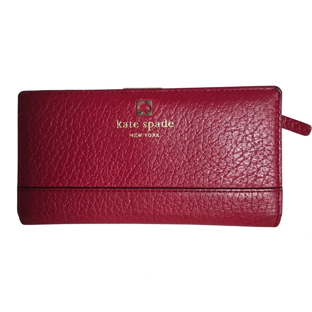Kate Spade New York Bifold Wallet Red Pebbled Leather Slim Card Case ID Window